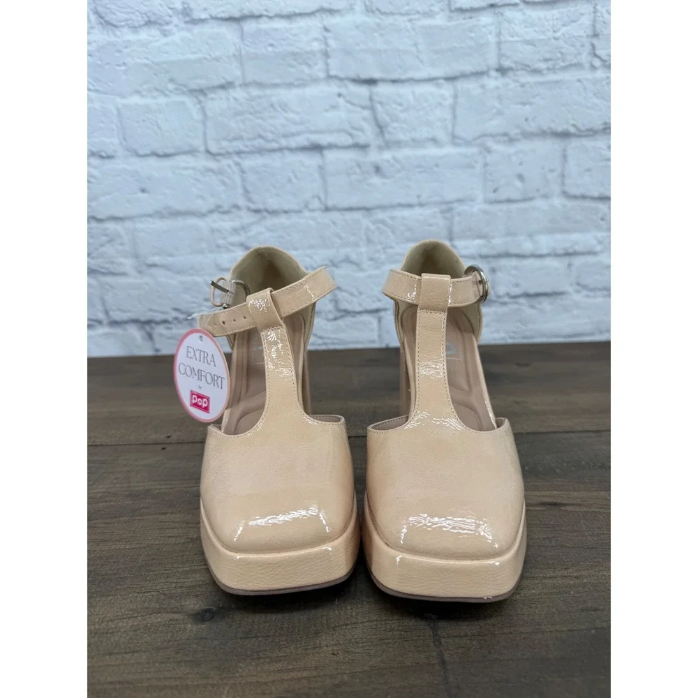 POP Extra Comfort Nude Patent T-Strap Platform Heels Size 6 Retro Mod Mary Jane